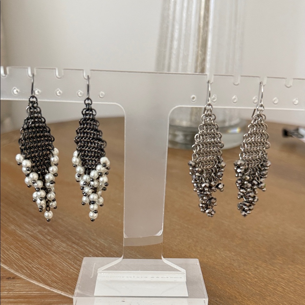 Silver and Black pearl  Beaded fringe Earrings